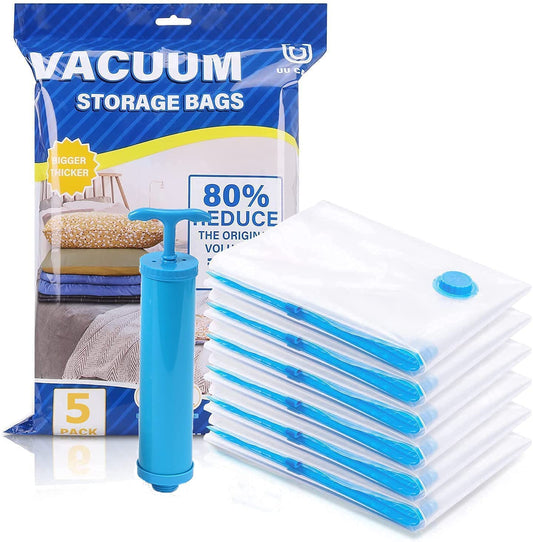🛍️ Reusable Vacuum Storage Bags (pack of 5) with Hand Pump – Space Saving & Airtight 🌟